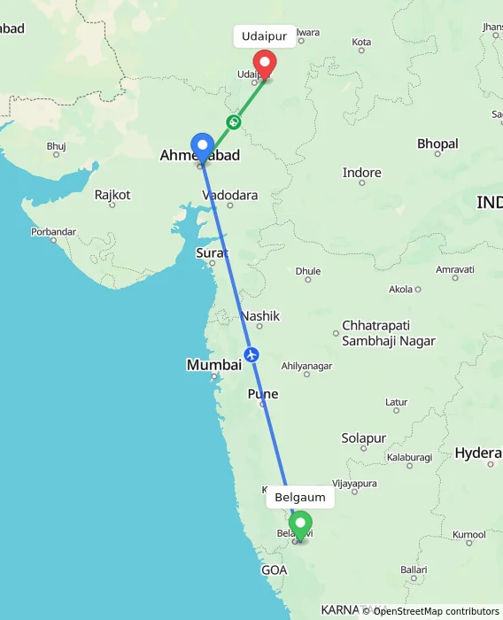 Route map showing distance and travel time from Belgaum, India to Udaipur, India