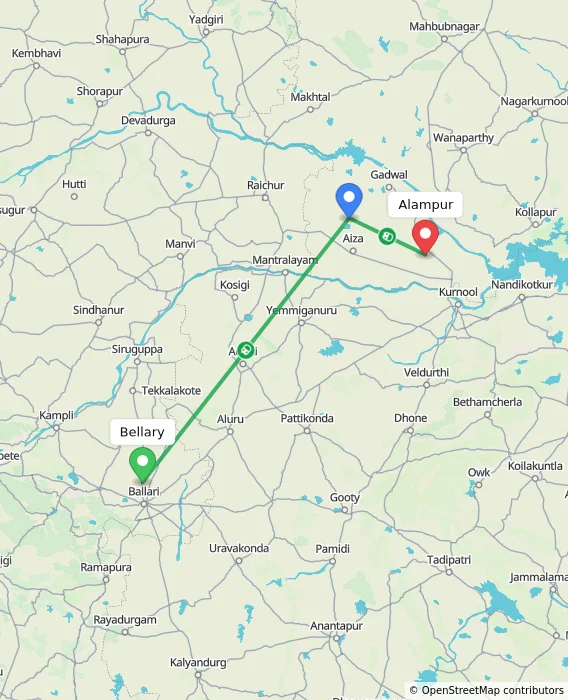 Route map showing distance and travel time from Bellary, India to Alampur, India