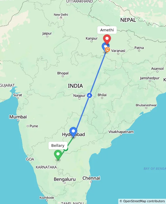 Route map showing distance and travel time from Bellary, India to Amethi, India