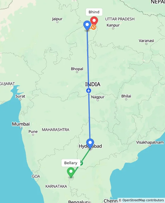 Route map showing distance and travel time from Bellary, India to Bhind, India