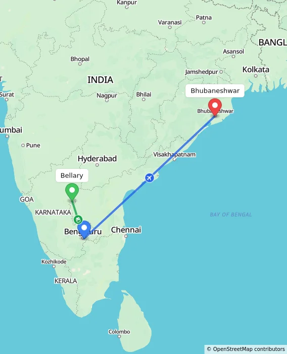 Route map showing distance and travel time from Bellary, India to Bhubaneshwar, India