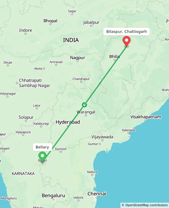 Route map showing distance and travel time from Bellary, India to Bilaspur, Chattisgarh, India