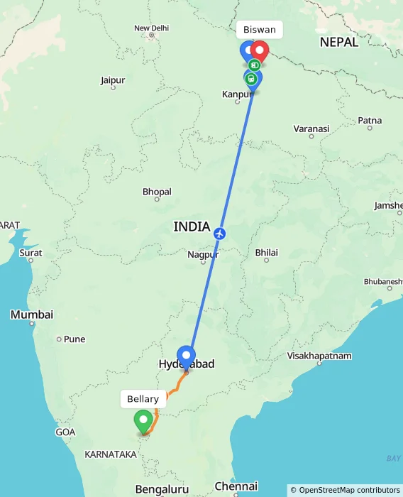 Route map showing distance and travel time from Bellary, India to Biswan, India