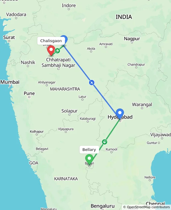 Route map showing distance and travel time from Bellary, India to Chalisgaon, India