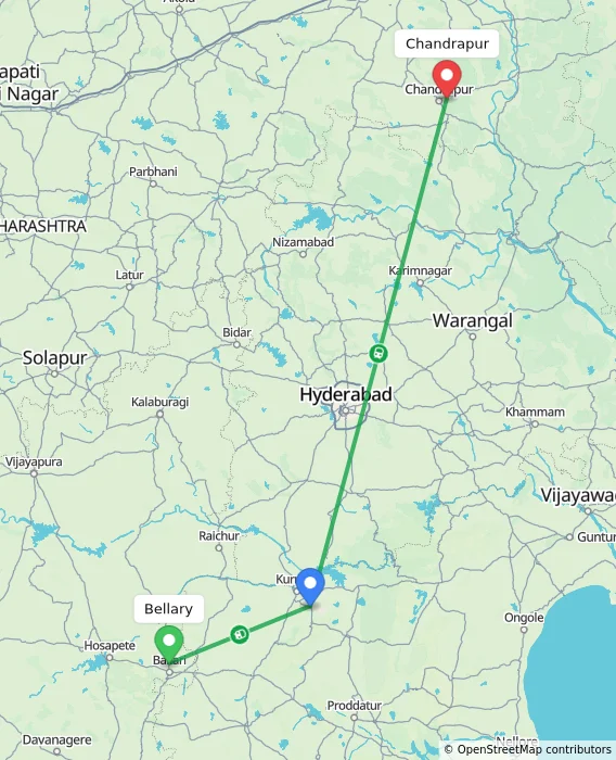 Route map showing distance and travel time from Bellary, India to Chandrapur, India