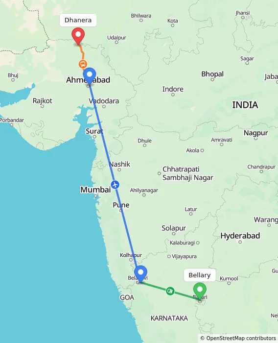 Route map showing distance and travel time from Bellary, India to Dhanera, India