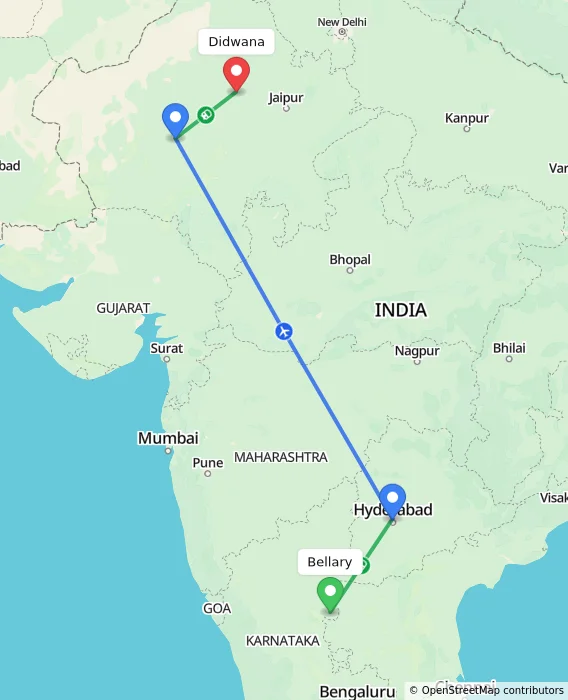 Route map showing distance and travel time from Bellary, India to Didwana, India