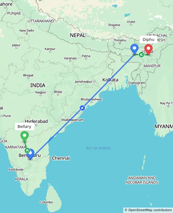 Route map showing distance and travel time from Bellary, India to Diphu, India