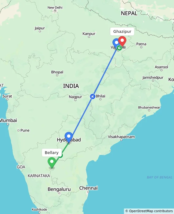 Route map showing distance and travel time from Bellary, India to Ghazipur, India