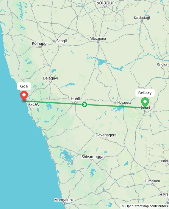 Route map showing distance and travel time from Bellary, India to Goa, India