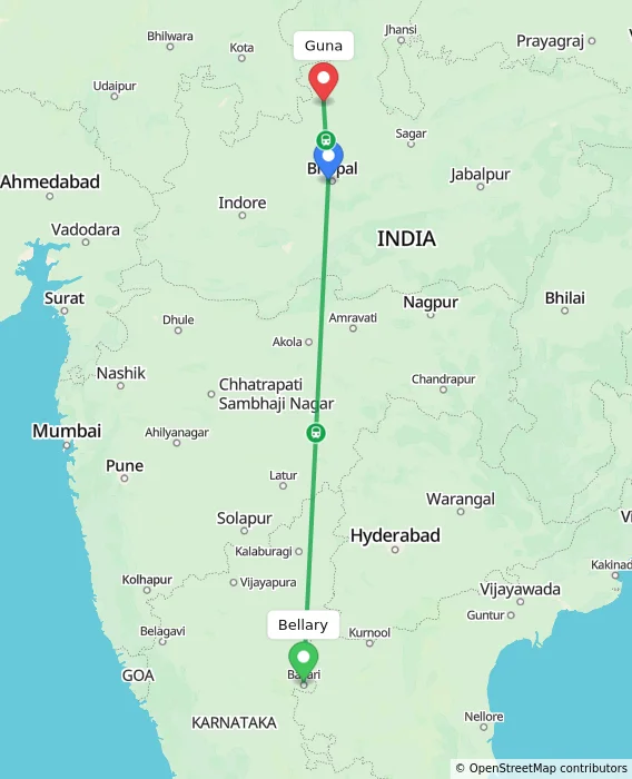 Route map showing distance and travel time from Bellary, India to Guna, India