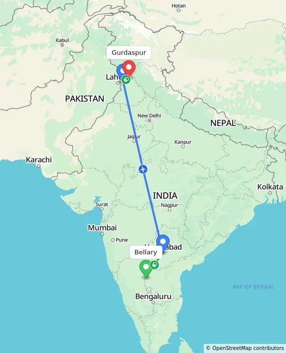 Route map showing distance and travel time from Bellary, India to Gurdaspur, India