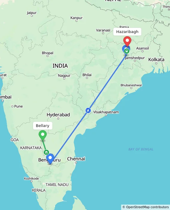 Route map showing distance and travel time from Bellary, India to Hazaribagh, India