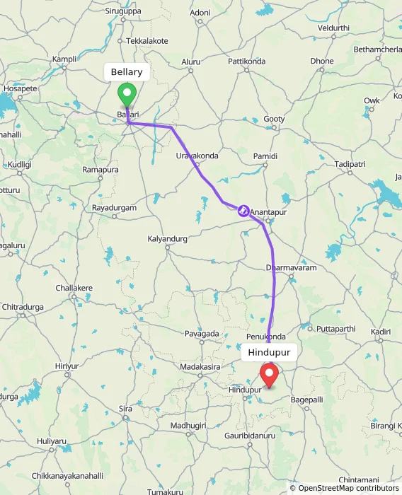 Route map showing distance and travel time from Bellary, India to Hindupur, India