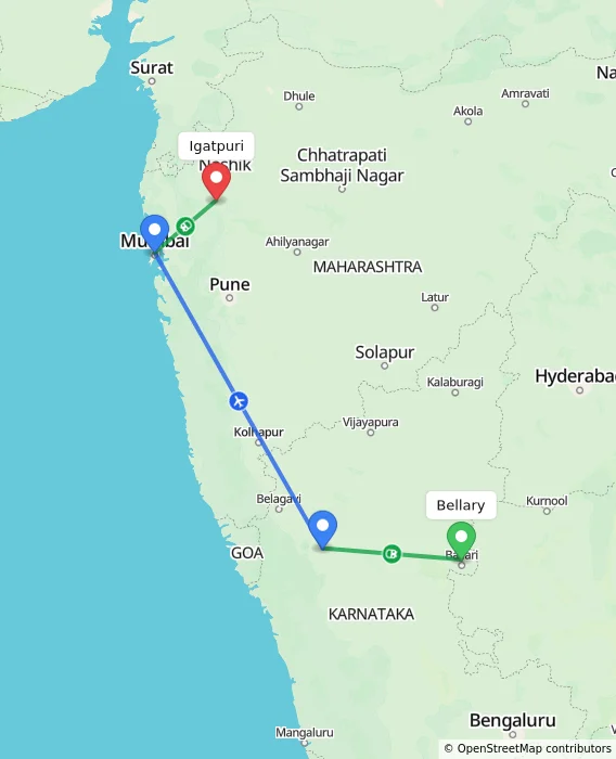 Route map showing distance and travel time from Bellary, India to Igatpuri, India