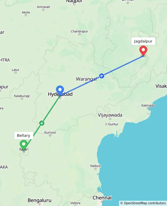 Route map showing distance and travel time from Bellary, India to Jagdalpur, India