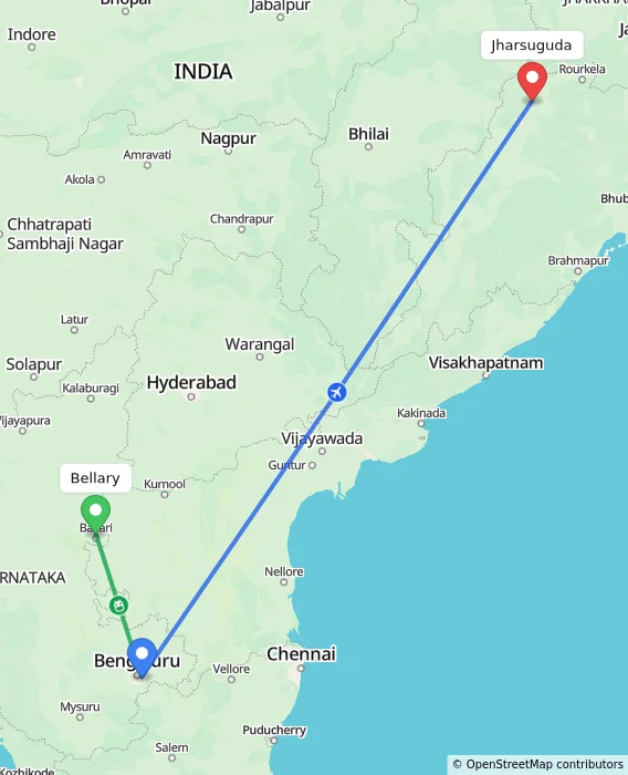 Route map showing distance and travel time from Bellary, India to Jharsuguda, India