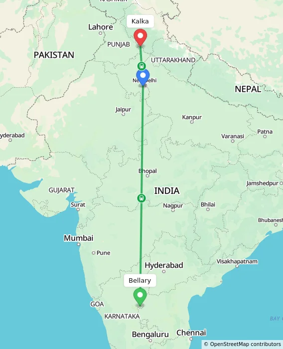 Route map showing distance and travel time from Bellary, India to Kalka, India