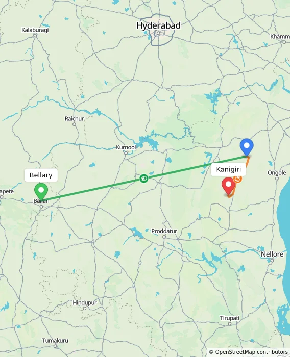 Route map showing distance and travel time from Bellary, India to Kanigiri, India