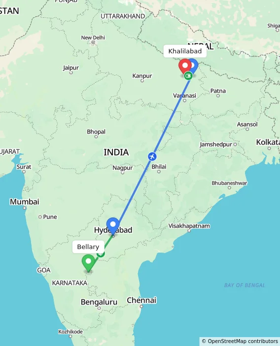 Route map showing distance and travel time from Bellary, India to Khalilabad, India