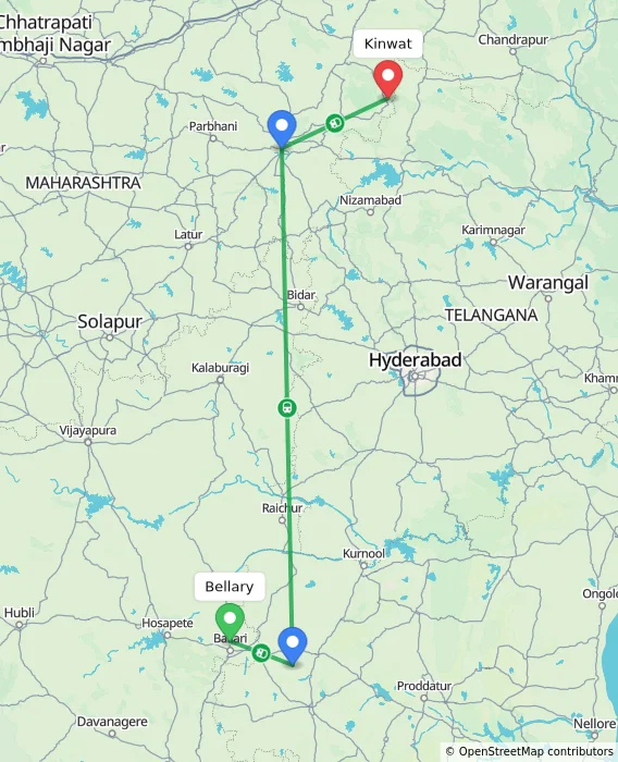 Route map showing distance and travel time from Bellary, India to Kinwat, India
