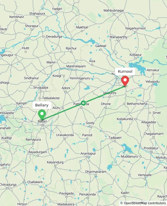 Route map showing distance and travel time from Bellary, India to Kurnool, India