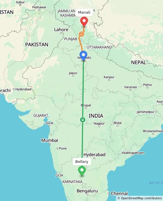 Route map showing distance and travel time from Bellary, India to Manali, India