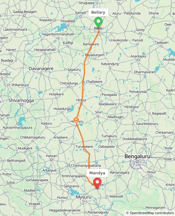 Route map showing distance and travel time from Bellary, India to Mandya, India