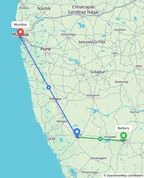 Route map showing distance and travel time from Bellary, India to Mumbai, India