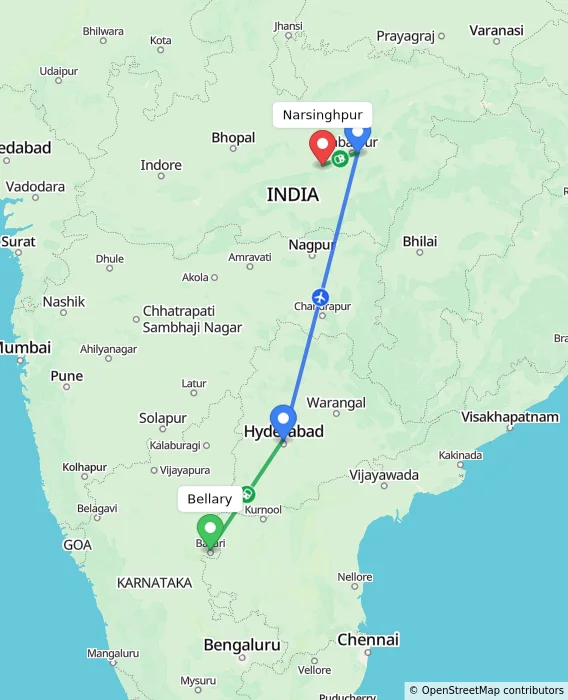 Route map showing distance and travel time from Bellary, India to Narsinghpur, India