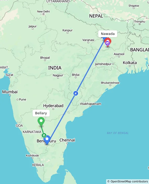 Route map showing distance and travel time from Bellary, India to Nawada, India