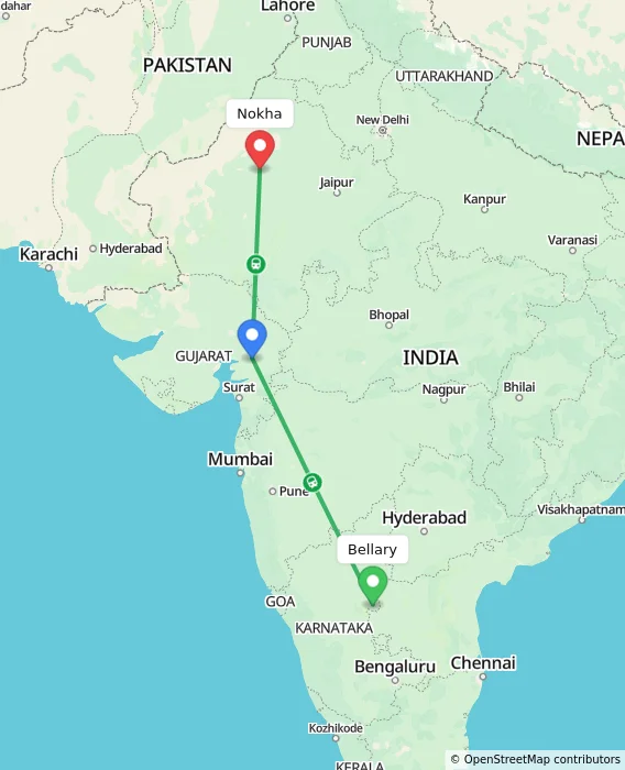 Route map showing distance and travel time from Bellary, India to Nokha, India