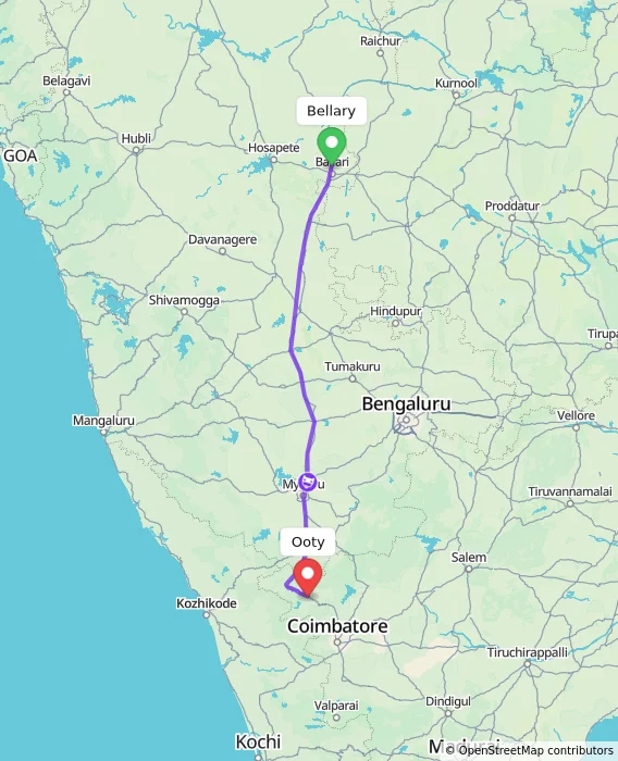 Route map showing distance and travel time from Bellary, India to Ooty, India