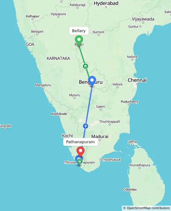 Route map showing distance and travel time from Bellary, India to Pathanapuram, India