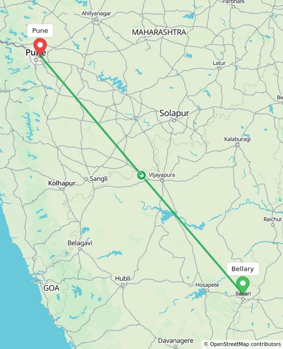Route map showing distance and travel time from Bellary, India to Pune, India