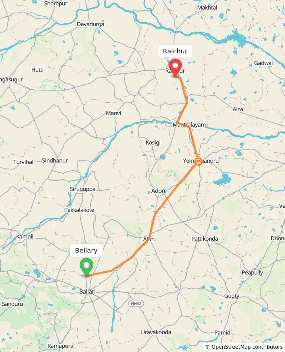 Route map showing distance and travel time from Bellary, India to Raichur, India