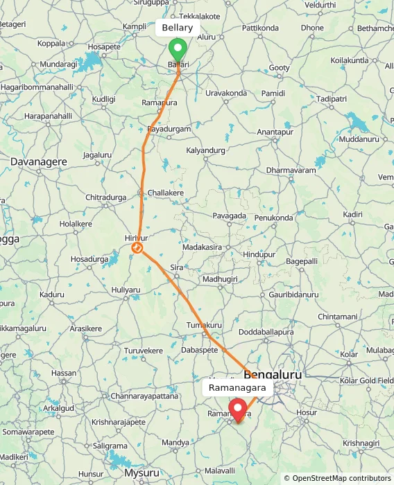 Route map showing distance and travel time from Bellary, India to Ramanagara, India