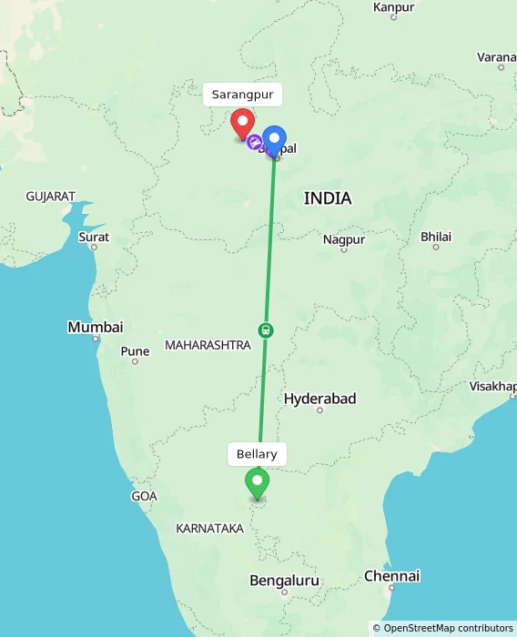 Route map showing distance and travel time from Bellary, India to Sarangpur, India