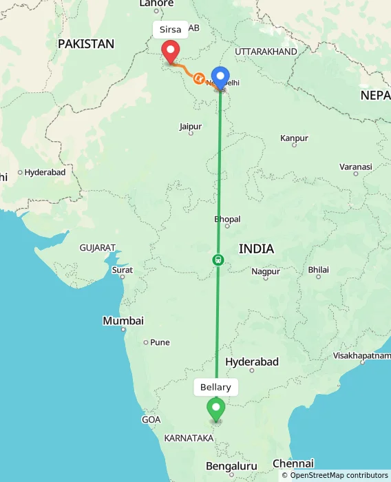 Route map showing distance and travel time from Bellary, India to Sirsa, India