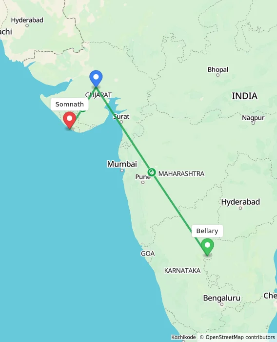 Route map showing distance and travel time from Bellary, India to Somnath, India