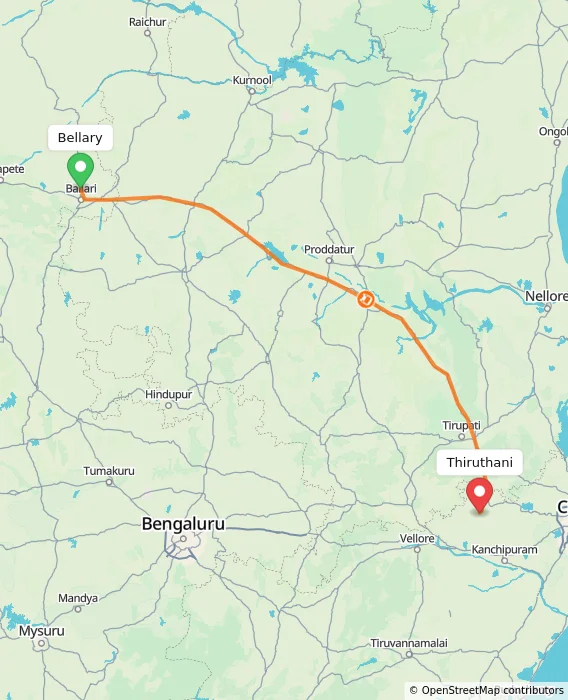 Route map showing distance and travel time from Bellary, India to Thiruthani, India