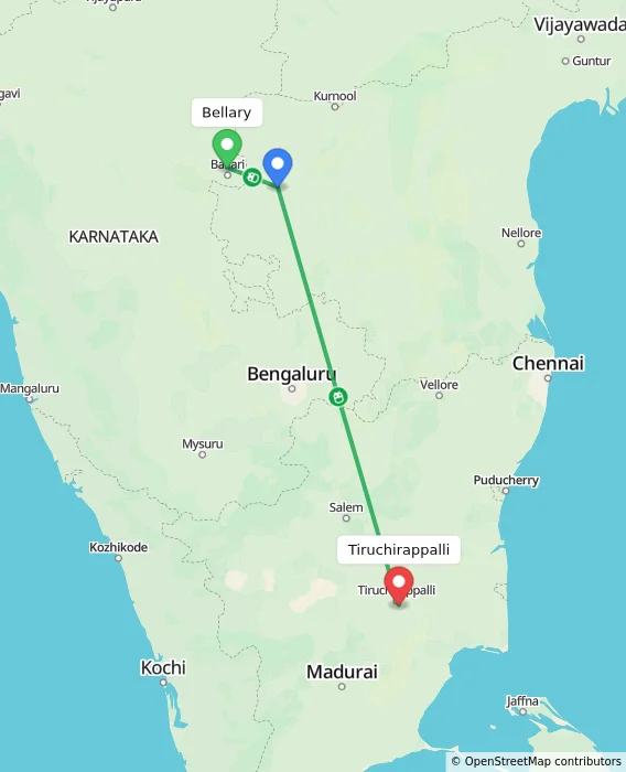 Route map showing distance and travel time from Bellary, India to Tiruchirappalli, India