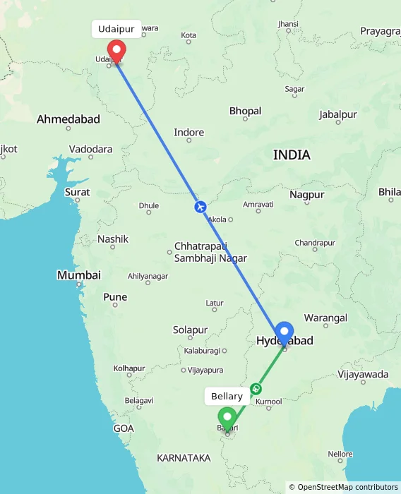 Route map showing distance and travel time from Bellary, India to Udaipur, India