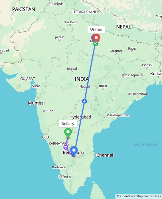 Route map showing distance and travel time from Bellary, India to Unnao, India