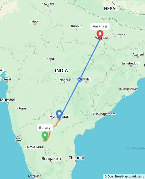 Route map showing distance and travel time from Bellary, India to Varanasi, India