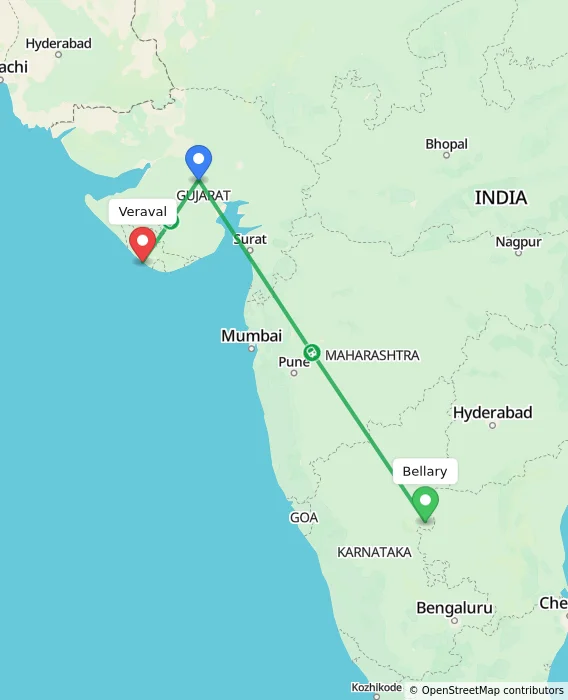 Route map showing distance and travel time from Bellary, India to Veraval, India