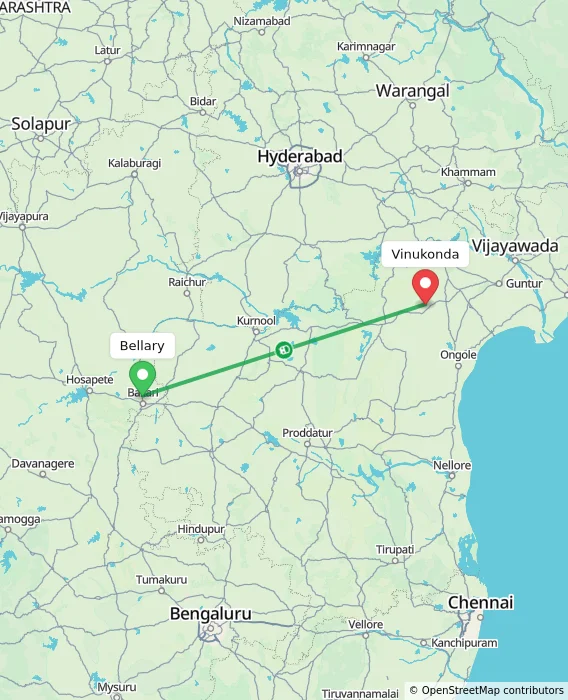 Route map showing distance and travel time from Bellary, India to Vinukonda, India