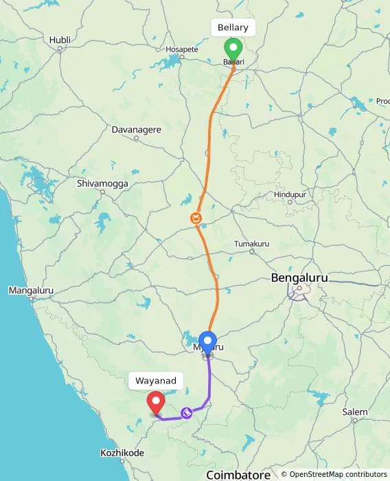Route map showing distance and travel time from Bellary, India to Wayanad, India