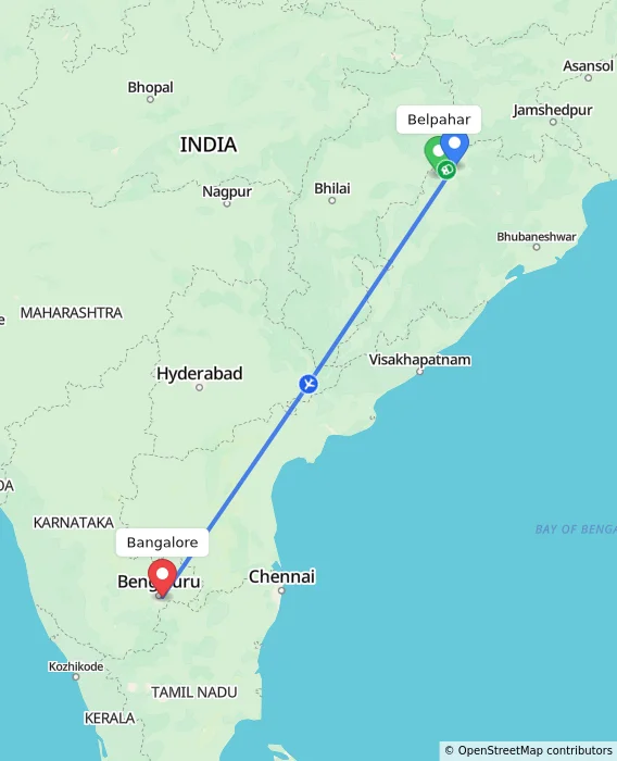 Route map showing distance and travel time from Belpahar, India to Bangalore, India