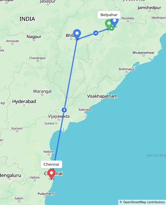 Route map showing distance and travel time from Belpahar, India to Chennai, India